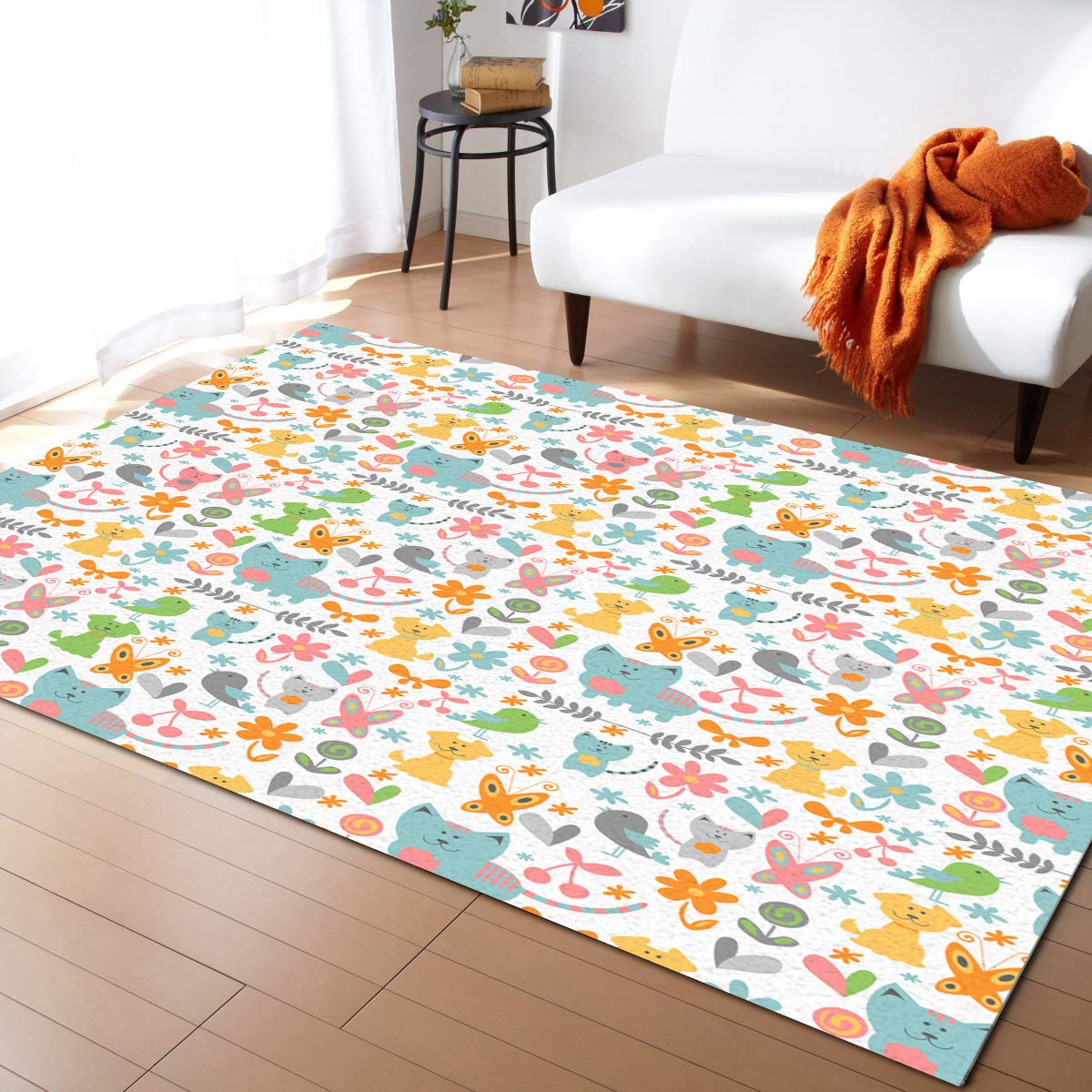 Contemporary Indoor Area Rugs Non-Slip Floor Mat, Cartoon Animals Flowers Cat Dog Bird Area Rug Rubber Backed Carpet Fade-Proof Washable Comfort Rug